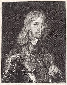 Джеймс Гамильтон (1606--1649), 1-й герцог Гамильтон - шотландский государственный деятель и сторонник Карла I. Гравюра по рисунку Антониса ван Дейка. 