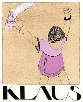 Реклама шоколада фабрики Klaus, основанной в 1884 году французским кондитером швейцарского происхождения Жаком Клаусом. Иллюстрация Р.Брюнеля в технике пошуар. Les feuillets d'art. Париж, 1920 