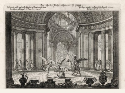Муки Илиодора (из Biblisches Engel- und Kunstwerk -- шедевра германского барокко. Гравировал неподражаемый Иоганн Ульрих Краусс в Аугсбурге в 1694 году)