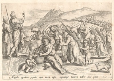 Исход израильтян из Египта. Лист из серии "Theatrum Biblicum" (Библия Пискатора или Лицевая Библия), выпущенной голландским издателем и гравёром Николасом Иоаннисом Фишером (предположительно с оригинальных досок 16 века), Амстердам, 1643