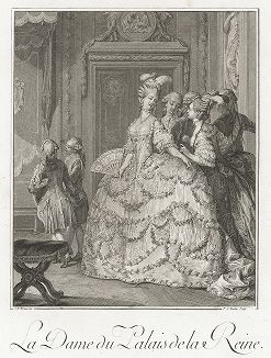 Дама из дворца королевы. Гравюра Пьера-Антуана Мартини по рисунку Жан-Мишеля Моро Младшего из серии "Monument du costume". 