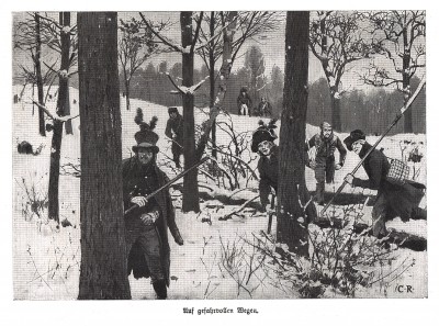 Зима 1806 г. Прусские партизаны в лесу. Илл. Карла Рехлинга, Die Deutschen Befreiungskriege 1806-15. Берлин, 1901