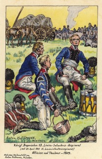 1809 г. Офицер и трубач 13-го полка линейной пехоты королевства Бавария на привале. Коллекция Роберта фон Арнольди. Германия, 1911-29