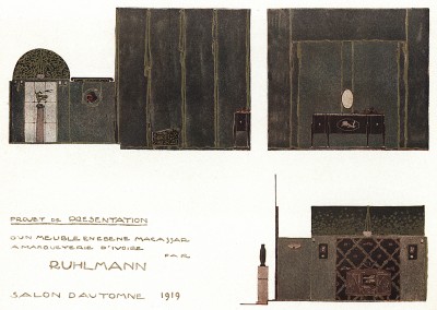 Проект комплекта мебели из чёрного дерева с маркетри из слоновой кости от французского дизайнера Эмиля-Жака Рульмана (1879-1933). Les feuillets d'art. Париж, 1920