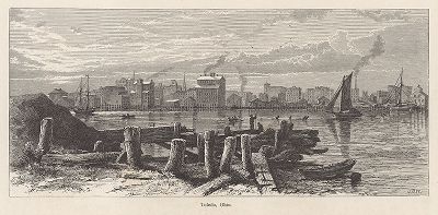 Вид на город Толедо на берегу озера Эри, штат Огайо. Лист из издания "Picturesque America", т.I, Нью-Йорк, 1872.