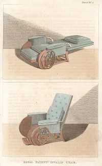 Королевское открытое инвалидное кресло. Предположительно, оно было сконструировано для британских офицеров, получивших ранения в ходе Наполеоновских воин. Иллюстрация из модного английского журнала Ackerman's Repository of Arts. 