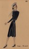 Бархатное платье с поясом и кружевным воротником Midi-Minuit из коллекции осень-зима 1942-43 года парижского дизайнера Мари-Луиз Брюйер (собственноручная гуашь автора). Уникальный документ истории моды времен Второй мировой войны