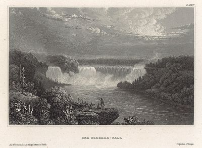 Вид на Ниагарский водопад. Meyer's Universum, Oder, Abbildung Und Beschreibung Des Sehenswerthesten Und Merkwurdigsten Der Natur Und Kunst Auf Der Ganzen Erde, Хильдбургхаузен, 1835 год.