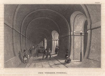 Туннель Темзы, построенный под рекой Темзой в Лондоне в 1825-43 гг. Meyer's Universum, Oder, Abbildung Und Beschreibung Des Sehenswerthesten Und Merkwurdigsten Der Natur Und Kunst Auf Der Ganzen Erde, Хильдбургхаузен, 1839 год.