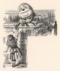И он ухмыльнулся во весь рот, подался вперед (так что чуть не упал со стены) и протянул Алисе руку (иллюстрация Джона Тенниела к книге Льюиса Кэрролла «Алиса в Зазеркалье», выпущенной в Лондоне в 1870 году)
