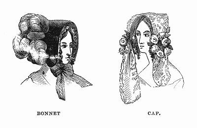 Дамские шляпки без полей или капоты -- парижская мода, апрель 1844 года (The Illustrated London News №100 от 30/03/1844 г.)