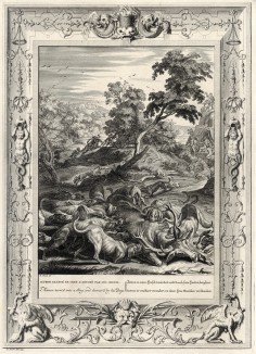 Артемида превращает Актеона в оленя, а того разрывают собаки (лист известной работы "Храм муз", изданной в Амстердаме в 1733 году)