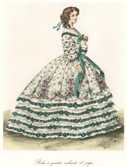 Платье с четырьмя воланами на юбке, украшенное зелёными атласными лентами. Из альбома литографий Paris. Miroir de la mode, посвящённого французской моде 1850-60 гг. Париж, 1959