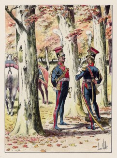 Офицеры 3-го полка лёгкой кавалерии (уланы) в парадной форме образца 1812 года (иллюстрация к работе "Императоская Гвардия в 1804--1815 гг." Париж. 1901 год. (экземпляр № 303 из 606 принадлежал голландскому генералу H. J. Sharp (1874 -- 1957))