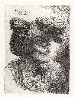 Голова старухи в тюрбане вправо. Офорт Джованни Кастильоне из сюиты «Малые головы, убранные на восточный манер», ок. 1645-50 гг. 