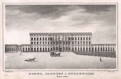 Королевский дворец в Стокгольме, вид с севера. Stockholm forr och NU. Стокгольм, 1837