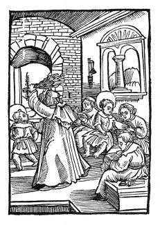 Святой Вольфганг во время перерыва в школьных занятиях. Из "Жития Святого Вольфганга" (Das Leben S. Wolfgangs) неизвестного немецкого мастера. Издал Johann Weyssenburger, Ландсхут, 1515