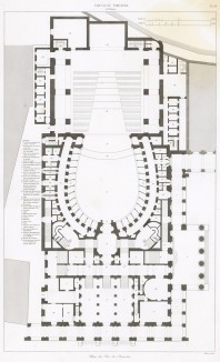Главный театр Генуи "Карло Феличе" архитектора Карло Барабино, открывшийся 7 апреля 1828 года премьерой оперы Беллини. План. Les plus beaux édifices de la ville de Gênes et de ses environs, л.66. Париж, 1845