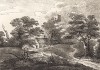 Пейзаж с сельским домом и замком на холме. Гравюра с рисунка знаменитого английского пейзажиста Томаса Гейнсборо из коллекции Дж. Хибберта. A Collection of Prints ...of Tho. Gainsborough, Лондон, 1819. 