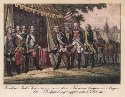 7 июля 1734 года. Кронпринц Фридрих посещает Евгения Савойского в его лагере близ немецкого города Филипсбурга (эпизод войны за польское наследство)