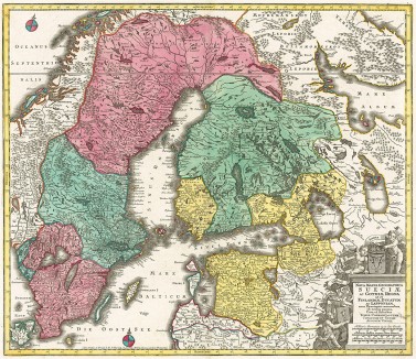 Карта Швеции. Nova mappa geographica Sueciae ac Gothiae regna ut et Finlandiae ducatum ac Lapponiam. Составил Тобиас Конрад Лоттер. Аугсбург, 1745 