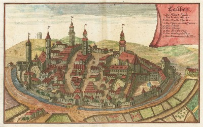 Город Лаубен (Lauben) в Баварии. Из Topographie Bavariae Маттеуса Мериана. Франкфурт-на-Майне, 1644