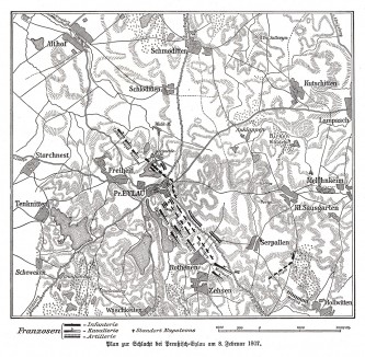 Карта сражения при Прейсиш-Эйлау 8 февраля 1807 г. Die Deutschen Befreiungskriege 1806-15. Берлин, 1901