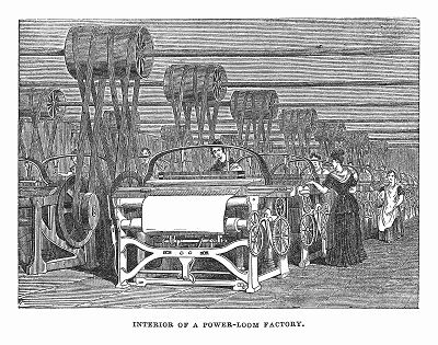 Интерьер цеха ткацкой фабрики -- предприятия текстильной промышленности, с которой началась промышленная революция в Великобритании (The Illustrated London News №107 от 18/05/1844 г.)