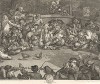 Петушиные бои, 1759. Сатира на популярную во времена Хогарта забаву – петушиные бои. В центре лорд Ольбемарль Берти, сорвавший банк. Он окружен дюжиной разгневанных простаков. Один из них потихоньку вытаскивает из шляпы лорда банкноту. Лондон, 1838