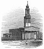 Церковь Сент-Панкрас с колоннадой ионического ордера, ставшая одной из наиболее знаменательных построек Лондона XIX века, сооружённая в 1822 году архитектором Генри Уильямом Инвудом (1794 -- 1843 гг.) (The Illustrated London News №94 от 17/02/1844 г.)