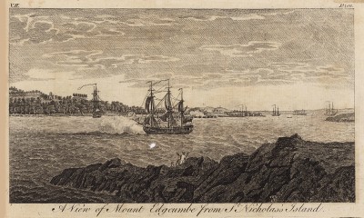 Вид на гору Эджкамб со стороны острова Святого Николая (из A New Display Of The Beauties Of England... Лондон. 1776 г. Том 2. Лист 403)