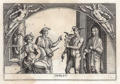 Овидий с Поэзией и Меркурием. Le Pitture Antiche del Sepolcro de' Nasonii...", Рим, 1702 год
