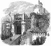 Подъём и установка металлической тубы, изготовленной для железнодорожного моста через реку Конвей в Уэльсе, построенного в 1848 году британским инженером Робертом Стивенсоном (1803 -- 1859) (The Illustrated London News №307 от 11/03/1848 г.)
