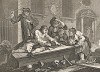 Праздный. Во время мессы подмастерье играет в церковном дворе, 1747. Религиозным песнопениям лентяй Томас предпочитает азартные игры. Подчеркнуто отсутствие у парня святых чувств: на могильной плите он играет с бродягами на деньги. Лондон, 1838