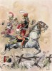 Красные уланы 2-го гвардейского полка легкой кавалерии в атаке (иллюстрация к работе "Императоская Гвардия в 1804--1815 гг." Париж. 1901 год. (экземпляр № 303 из 606 принадлежал голландскому генералу H. J. Sharp (1874 -- 1957))