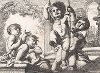 Малыши на качелях. Гравюра с оригинала известного фламандского художника и гравёра Корнелиса Схюта, ок. 1650 года
