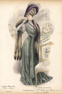 Артистка Сорель в платье от Callol в одной из постановок Комеди Франсэз (Les grandes modes de Paris за 1907 год).
