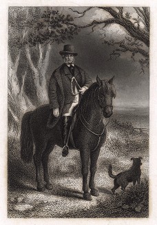Джентльмен на конной прогулке с любимой собакой. Английская гравюра середины XIX века