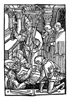 Похороны Святого Ульриха. Из "Жития Святого Вольфганга" (Das Leben S. Wolfgangs) неизвестного немецкого мастера. Издал Johann Weyssenburger, Ландсхут, 1515