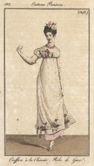 Бальное газовое платье с цветами по подолу. Из первого французского журнала мод эпохи ампир Journal des dames et des modes, Париж, 1813. Модель № 1293