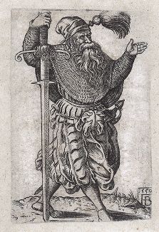 Солдат с двуручным мечом. Гравюра Франца Брюна из сюиты "Солдаты", 1559 год. 