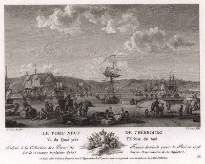 Вид на набережную близ шлюза в Шербуре (лист 38 из альбома гравюр Nouvelles vues perspectives des ports de France..., изданного в Париже в 1791 году)