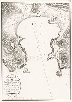 План губы Тайо-еон на острове Нукагиве в долготе от Гренвича 139'39'45 W. в ширине 8'56'19. Склонение магнитной стрелки 4'36'30. восточное. 1804 год.
