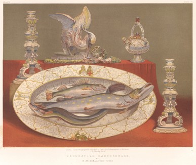 Фарфоровая стерлядь на серебряной посуде от мастерской M. Avisseau & Fils, получившая серебряную медаль в Париже в 1855 году (Каталог Всемирной выставки в Лондоне. 1862 год. Том 3. Лист 281)