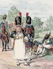 Пешие егеря (сапёры) в парадной форме образца 1810 года (иллюстрация к работе "Императоская Гвардия в 1804--1815 гг." Париж. 1901 год. (экземпляр № 303 из 606 принадлежал голландскому генералу H. J. Sharp (1874 -- 1957))