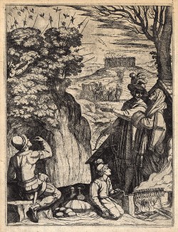 Охота на лесного голубя, с целью немедленного поедания оного на месте. Из первого (1622 г.) издания работы итальянского философа и натуралиста Джованни Пьетро Олины (1585-1645)