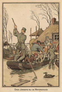 Армия спасает гражданское население от наводнения (Onze Jongen bij de Watersnood (голл.). Из редкой брошюры, изданной военным ведомством нейтральной Голландии зимой 1915 года)