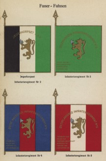 Знамёна 2-го, 3-го, 4-го и 5-го егерских полков норвежской пехоты (лист 14 работы Den Norske haer. Organisasjon bevaebning, og uniformsbeskrivelse, изданной в Лейпциге в 1932 году)
