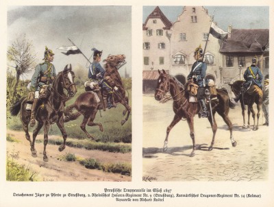 Прусская кавалерия в 1897 году (с акварели Рихарда Кнотеля) (из популярной в нацистской Германии работы Мартина Лезиуса Das Ehrenkleid des Soldaten... Берлин. 1936 год)