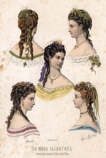 Дамские причёски. Из парижского журнала La mode illustrée, 1868 год